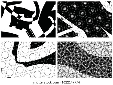Set of grunge textures. Abstract black and white backgrounds. Collection of dirty spots, scratches, wear and tear