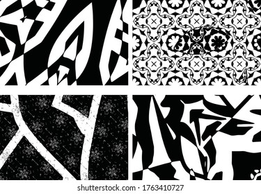 Set of grunge textures. Abstract black and white backgrounds. Collection of dirty spots, scratches, wear and tear