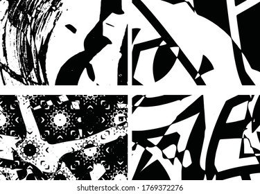 Set of grunge textures. Abstract black and white backgrounds. Collection of dirty spots, scratches, wear and tear