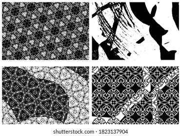 Set of grunge textures. Abstract black and white backgrounds. Collection of dirty spots, scratches, wear and tear