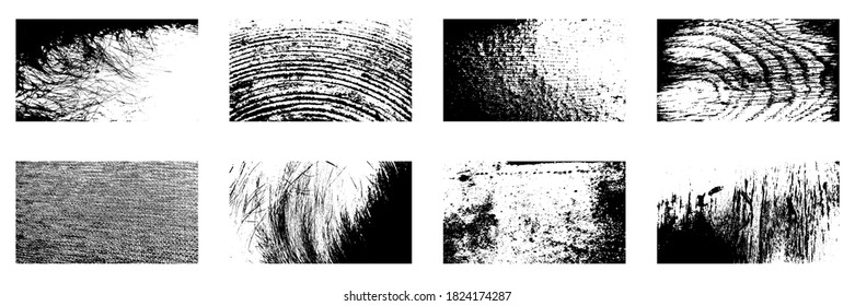 Set of grunge textures. Abstract splash, dirt or wood effect for poster. Decorative texture for your design. Urban uneven surface. Vector illustration.