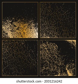 Set of grunge textures - abstract stock vector template with craquelure, cracks, scratches. Gold and black colors.