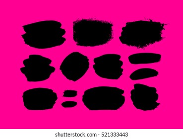 Set of grunge textures. Black ink vector stains isolated on pink. Backgrounds for design or scrapbook.
