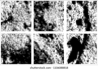 Set of grunge textures black squares on white background