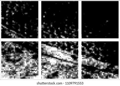 Set of grunge textures black squares on white background