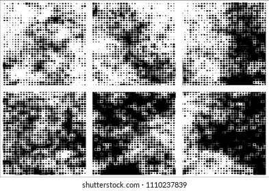 Set of grunge textures black squares on white background