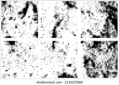 Set of grunge textures black squares on white background