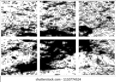 Set of grunge textures black squares on white background