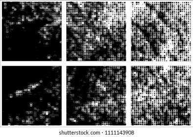 Set of grunge textures black squares on white background
