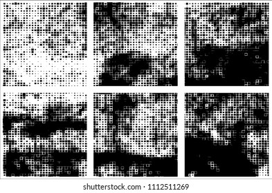 Set of grunge textures black squares on white background