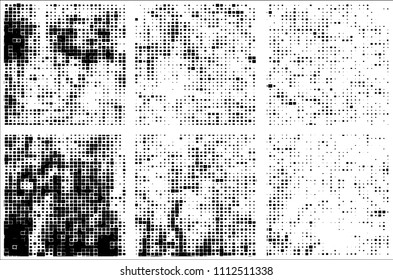 Set of grunge textures black squares on white background