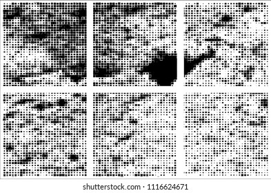 Set of grunge textures black squares on white background