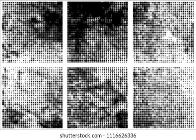 Set of grunge textures black squares on white background