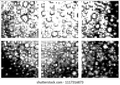 Set of grunge textures black squares on white background