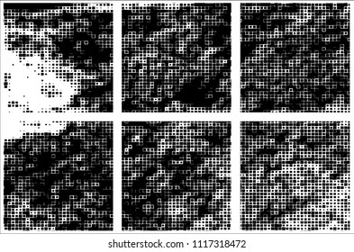 Set of grunge textures black squares on white background