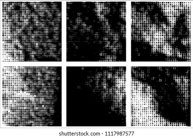 Set of grunge textures black squares on white background