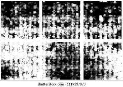 Set of grunge textures black squares on white background