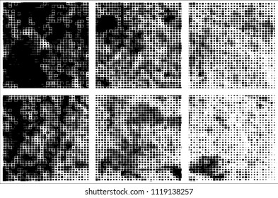 Set of grunge textures black squares on white background
