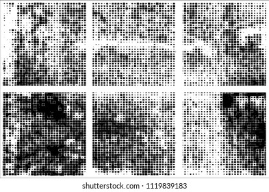 Set of grunge textures black squares on white background