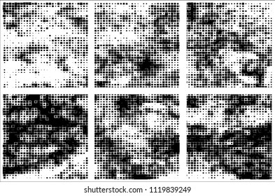 Set of grunge textures black squares on white background