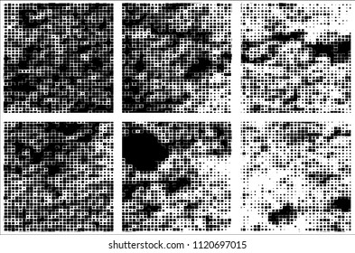 Set of grunge textures black squares on white background