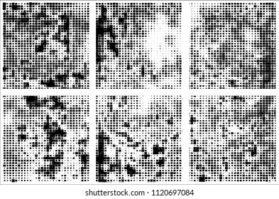 Set of grunge textures black squares on white background