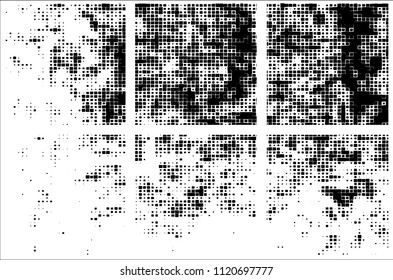 Set of grunge textures black squares on white background