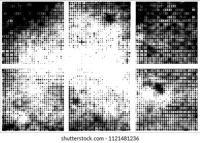 Set of grunge textures black squares on white background
