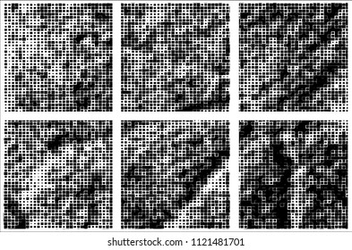 Set of grunge textures black squares on white background