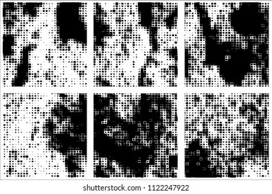 Set of grunge textures black squares on white background