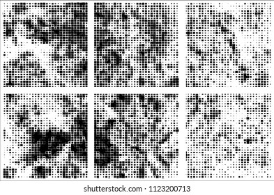 Set of grunge textures black squares on white background