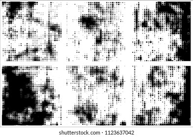 Set of grunge textures black squares on white background