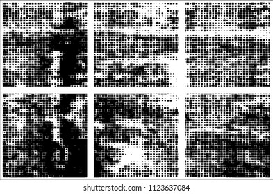 Set of grunge textures black squares on white background