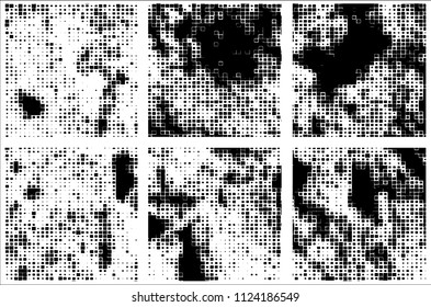 Set of grunge textures black squares on white background