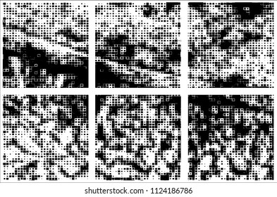 Set of grunge textures black squares on white background