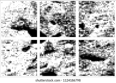 Set of grunge textures black squares on white background