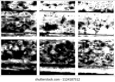 Set of grunge textures black squares on white background
