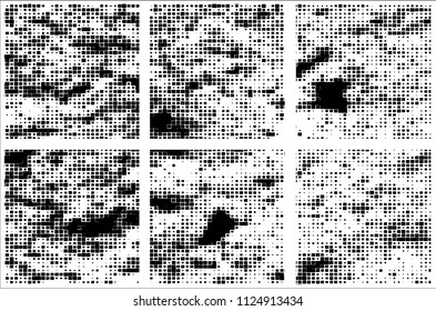 Set of grunge textures black squares on white background