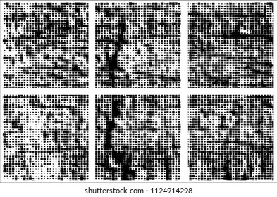 Set of grunge textures black squares on white background