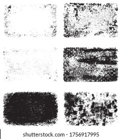 A set of grunge textures in black and white. Background of dust, scratches, cracks, debris. Abstract dark spots