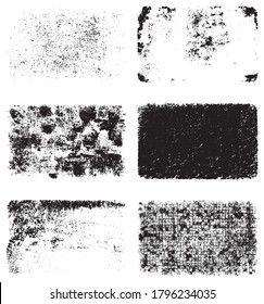 Eine Reihe von Grunge-Texturen in Schwarz-Weiß. Hintergrund von Staub, Kratzern, Rissen, Trümmern. Abstrakte dunkle Flecken