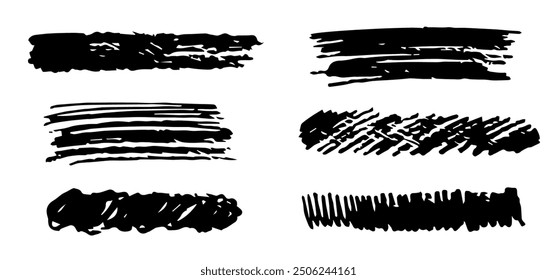 Set of grunge textures, brushes. Charcoal pencil shading, strokes, black silhouette. Simple vector illustration.
