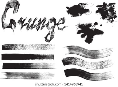 Set of grunge textures and brushes. Lettering Grunge experimental calligraphy flat brush. Black modern paint stripe set. Isolated vector Ink stains and blots.
