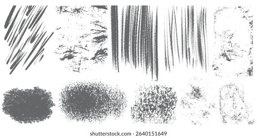 Set of grunge textures for overlay. The effect of aging, giving unevenness and imperfection. Rough hard dirty gray background, vector graphics