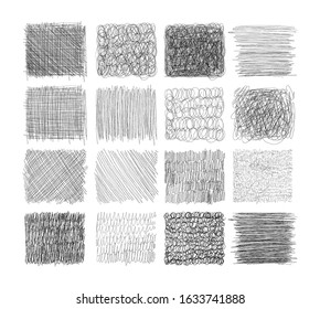 Set of grunge textures with pencil, pen. Doodle thin line, squares with different hatching, engraving. Set of rectangular shapes with free hand lines for design. Vector illustration