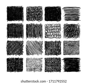 Set of grunge textures with pencil, pen. scribble thin line, squares with different hatching, engraving. Set of rectangular shapes with free hand lines for design. Vector illustration