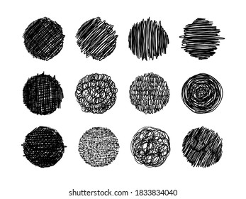 Set of grunge textures in pencil, pen. thin line scribbles, circles with different shading, engraving. A set of round shapes with free lines for design. Vector illustration