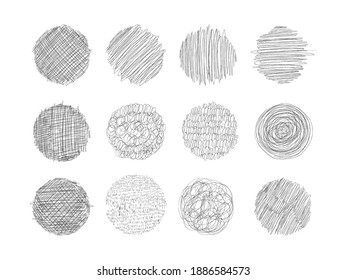 Set of grunge textures with pencil, pen. Circles with different shading, engraving. A set of round shapes with free lines for design. Vector illustration isolated on white background