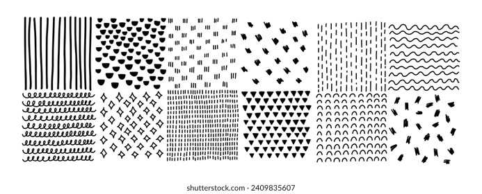 Conjunto de texturas de grunge con lápiz, pluma. Línea delgada de garabato, cuadrados con diferente eclosión, grabado. Conjunto de formas rectangulares con líneas de mano libres para el diseño. Ilustración del vector