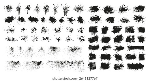 Set of grunge textures with splatters. Liquid paint drops. Messy abstract ink blots. Dirty hand painted backdrop. Distressed art design. Frame, place for text. Quote box. Poster. Overlay texture. 